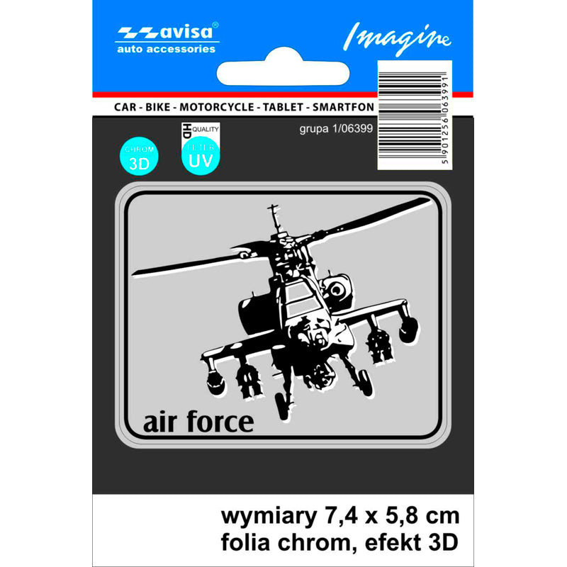 Avisa, 3D Krom Helicopter AutoTattoo Sticker - 7,4 x 5,8 cm - UV Beskyttelse