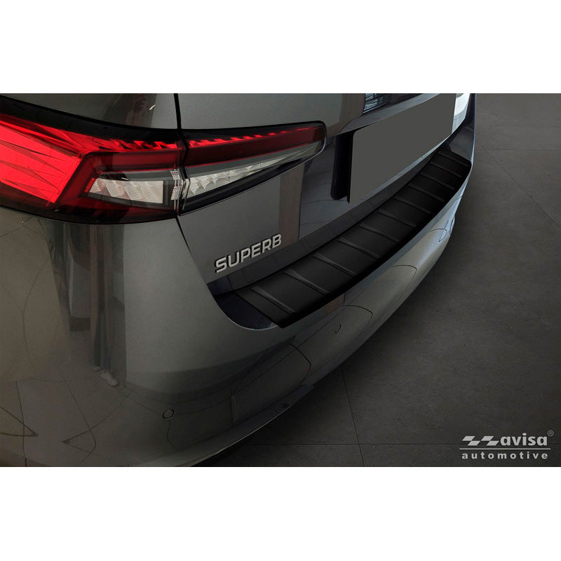 Avisa Matt Black Stainless Steel Rear bumper protector suitable for Skoda Superb IV Liftback 2024- 'Ribs'