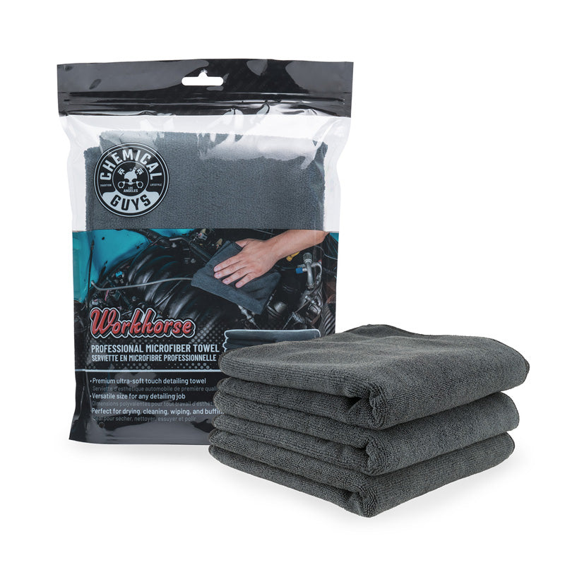 Chemical Guys Workhorse Professional Grade Microfiber Towel (Rubber/Plastic/Vinyl) - Black 16x16'' (3 Pack)