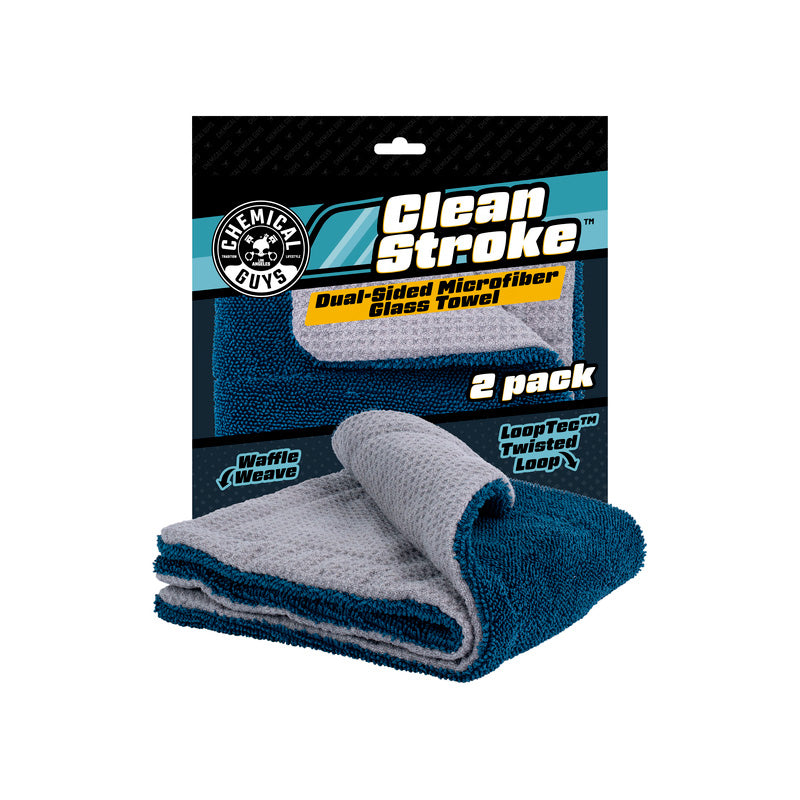 Chemical Guys, CleanStroke Dual-Sided Microfiber Glass Towel, 16x16inch, 2-Pack
