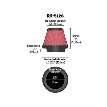 K&N, Universal Kegleformet Luftfilter, 70mm flange, 129mm bund, 89mm top, 102mm højde