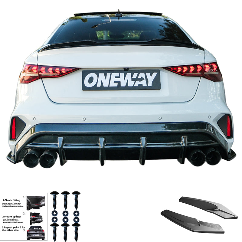 OneWay, Underlæbe, Blank sort, passer til Audi A3 (8Y) Sedan S-Line/S3 Facelift (2025-)