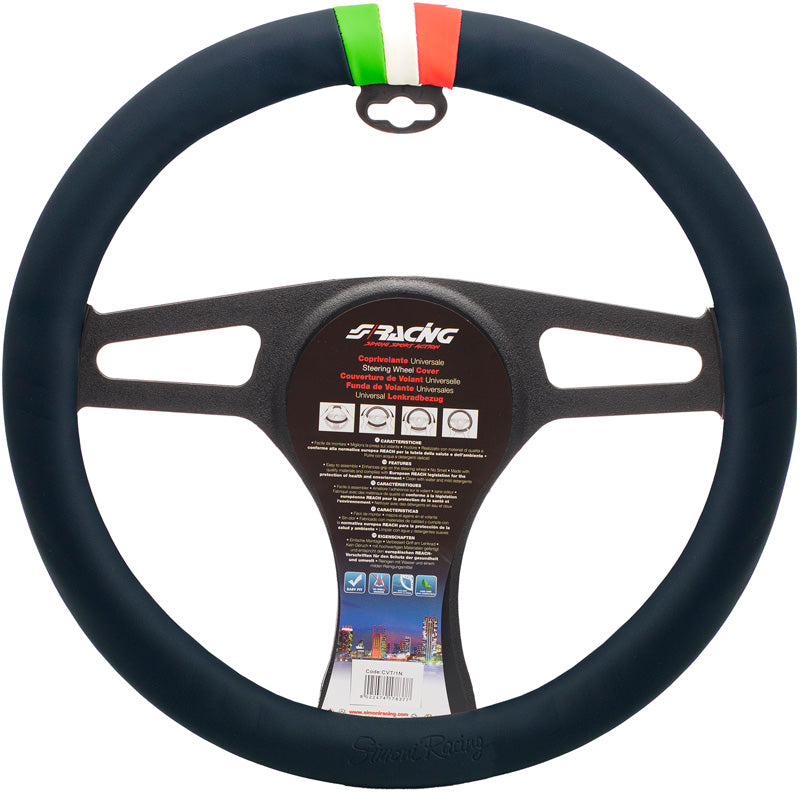 Simoni Racing Steering Wheel Cover Pretty - Black Ecoleather & Italian Flag - 37-39cm