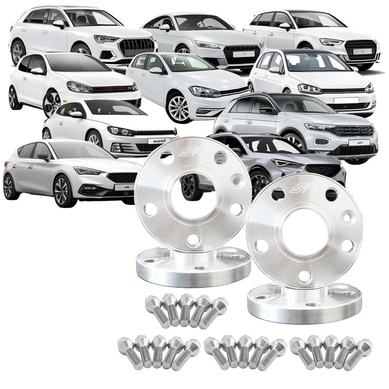 Simoni Racing Aluminium Wheel Spacer Kit - 2x15mm(FA) - 2x20mm(RA) (Hub 57,1mm) including wheel bolts - suitable for Audi, VW, Seat, Cupra various